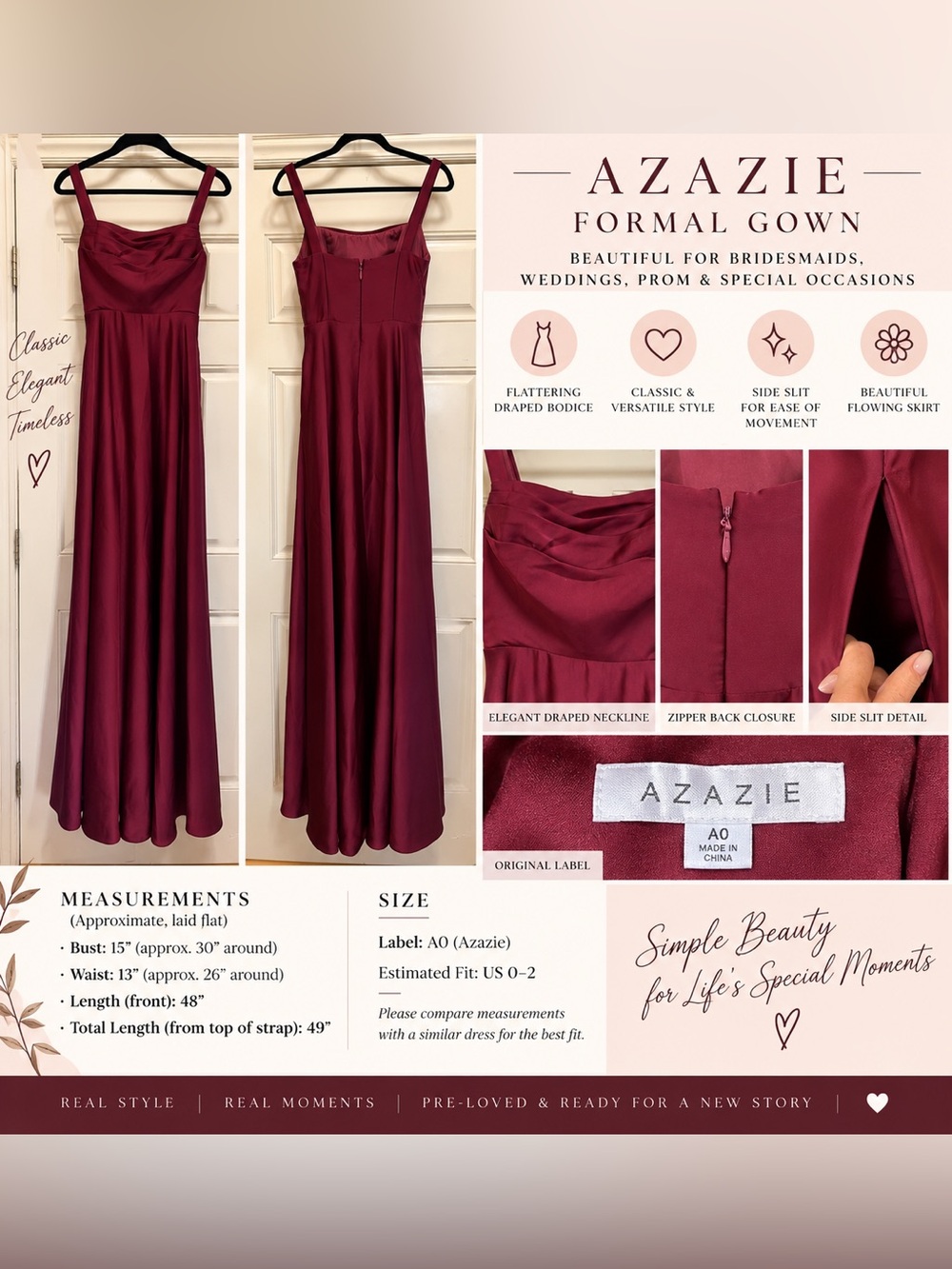 Azazie A0 Burgundy Satin Cowl Neck Bridesmaid Formal Maxi Gown Size 0/2